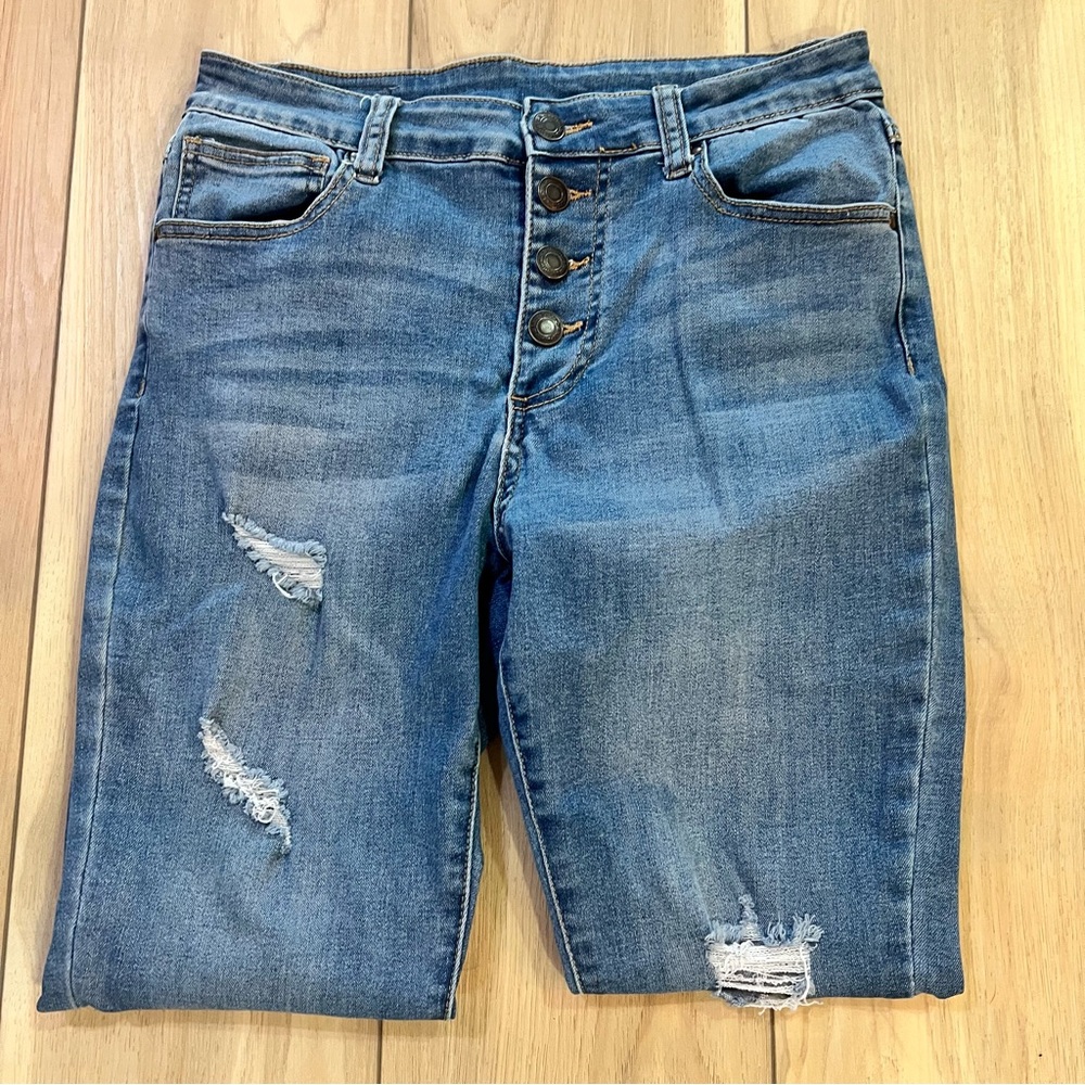 Grace & Lace Blue Distressed Button-Fly Skinny Jeans - Sz 10